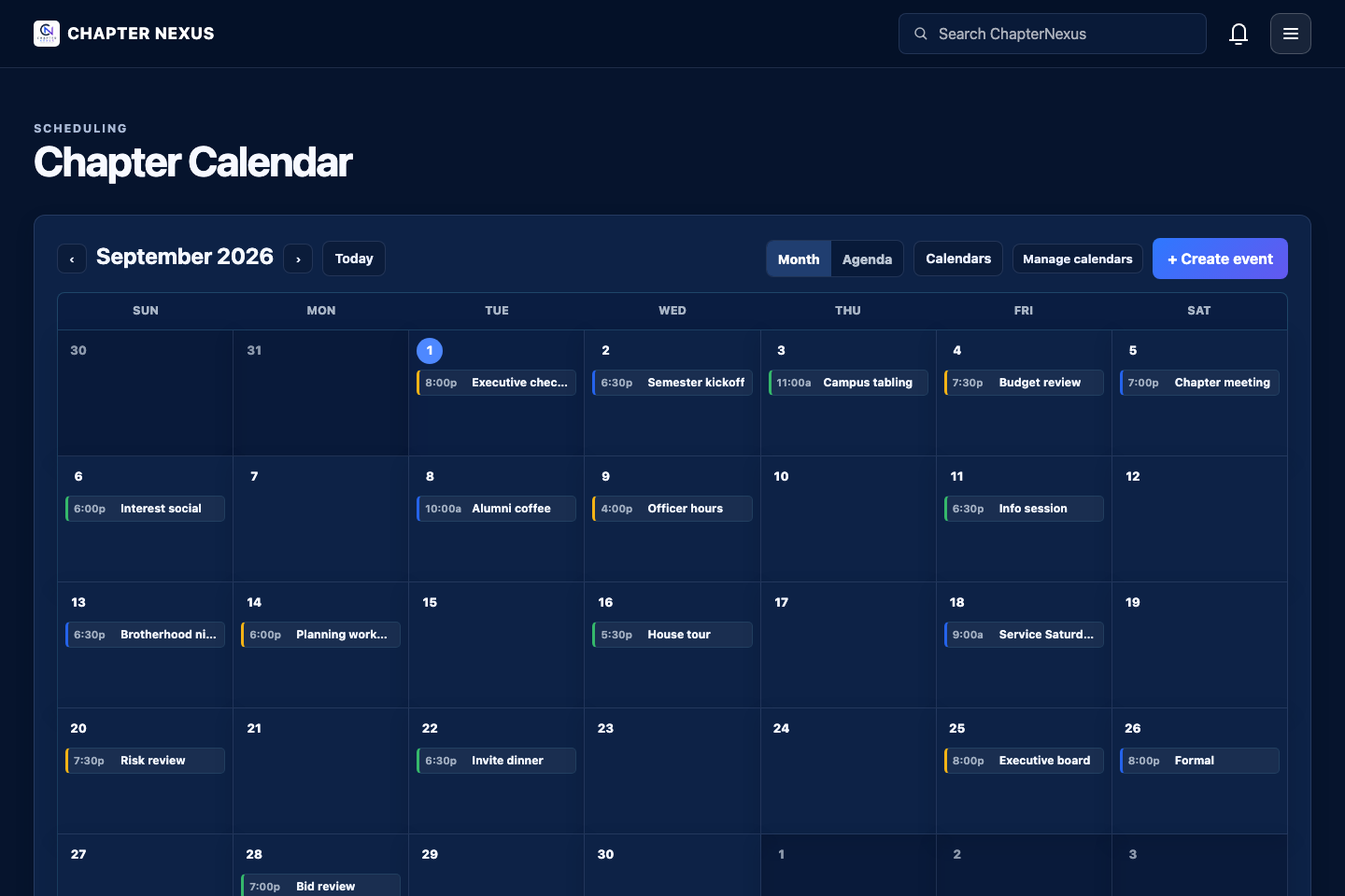 Chapter Nexus calendar showing scheduled chapter events